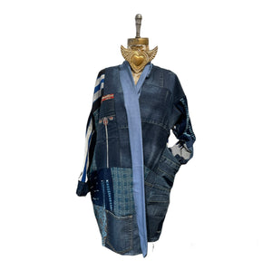 Denim and vintage indigo, patchwork jacket medium length