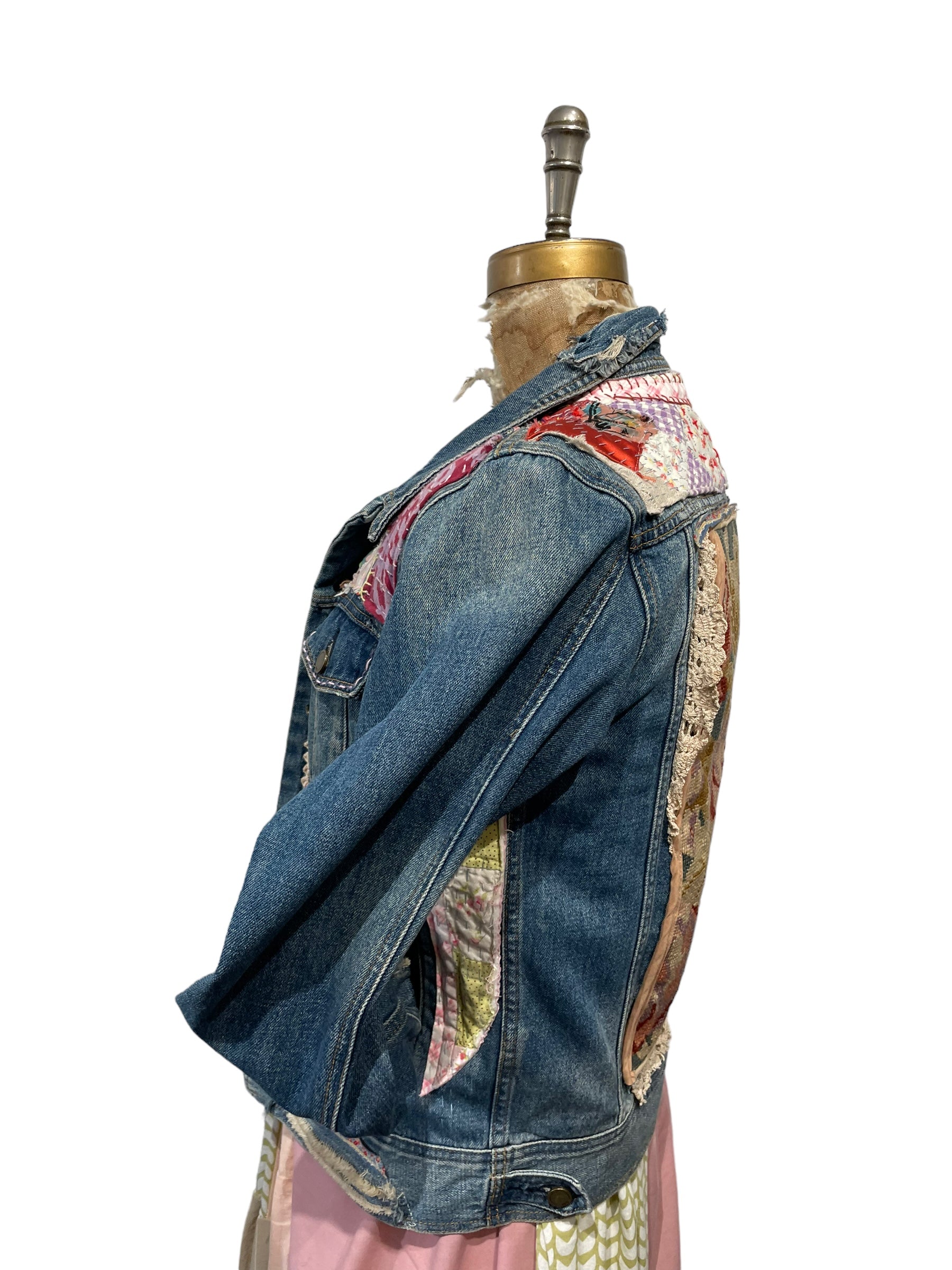 Denim Jacket with vintage textiles – Lilith's Garden