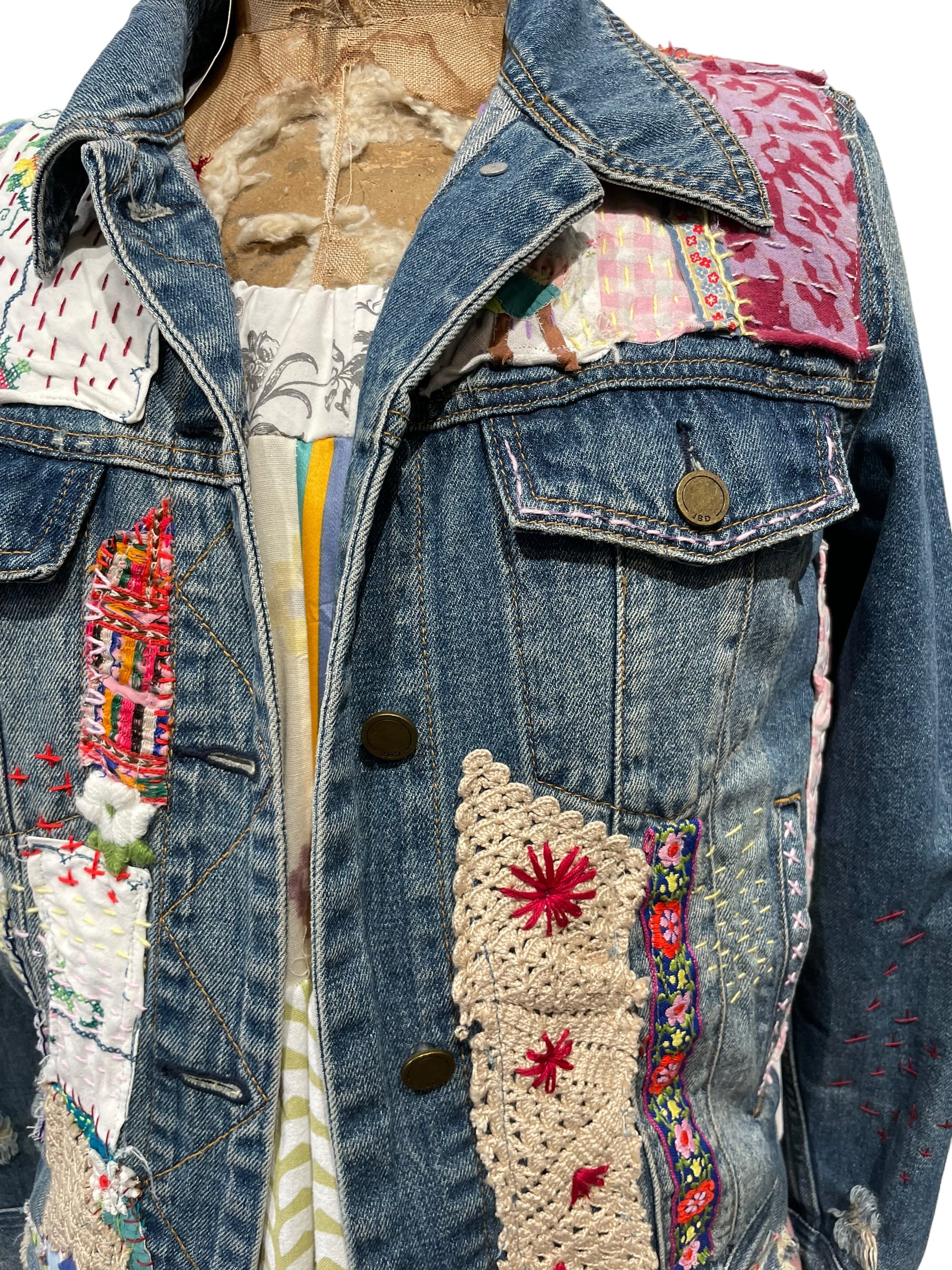 Denim Jacket with vintage textiles – Lilith's Garden
