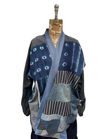 Denim and vintage indigo, patchwork jacket medium length