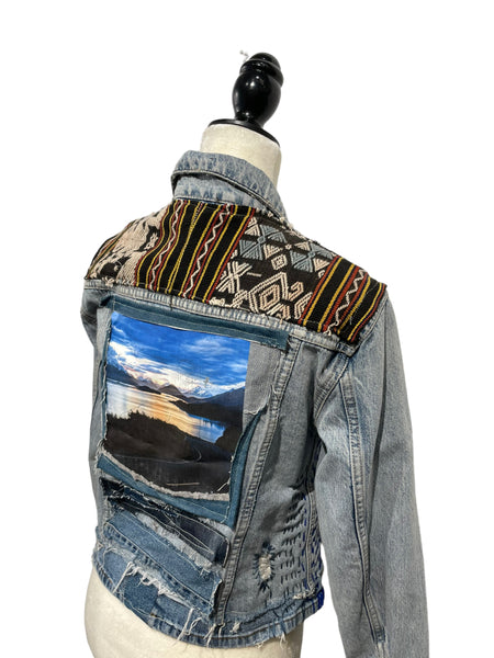 Denim Jacket with vintage  textiles