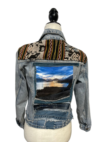 Denim Jacket with vintage  textiles