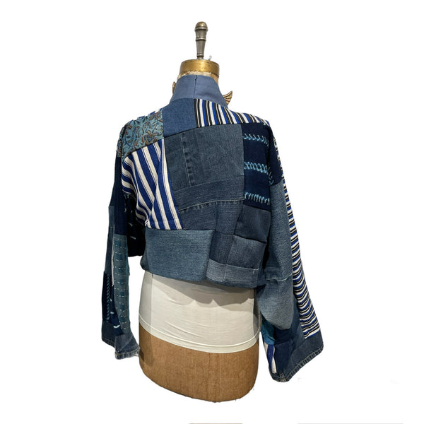 Denim and vintage indigo, patchwork jacket cropped at waist length