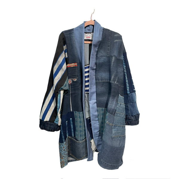 Denim and vintage indigo, patchwork jacket medium length