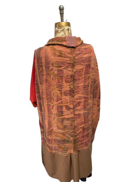 Wool Blanket Wrap Coat in Red print and camel