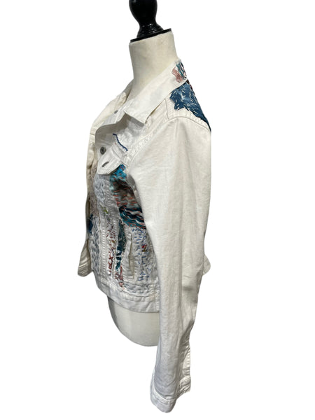 White Denim Jacket with linen vintage  textiles