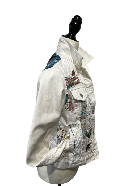 White Denim Jacket with linen vintage  textiles