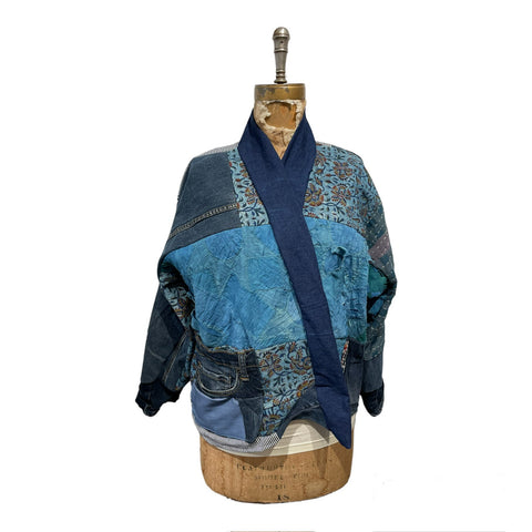 Denim and vintage indigo, patchwork jacket cropped at hip length