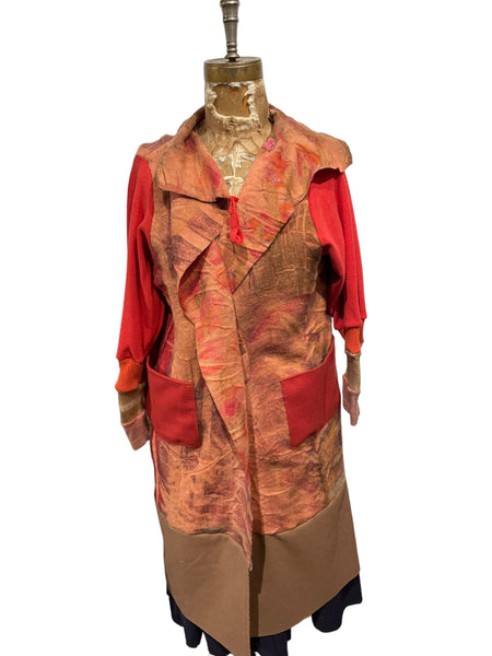 Wool Blanket Wrap Coat in Red print and camel