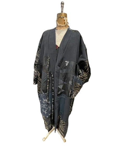 Black Denim and vintage textile, patchwork jacket