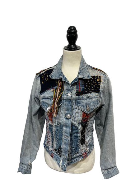 Denim Jacket with vintage  textiles