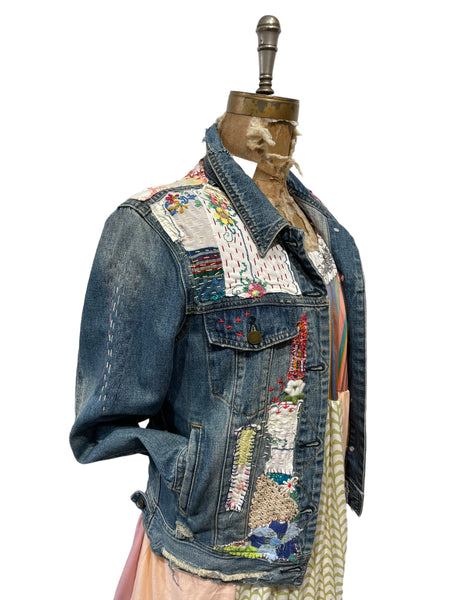 Denim Jacket with vintage  textiles