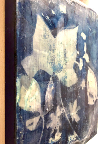 Cyanotype on wood panel with encaustic