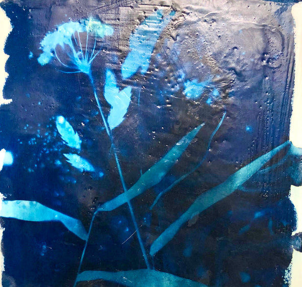 Cyanotype and encaustic on wood panel
