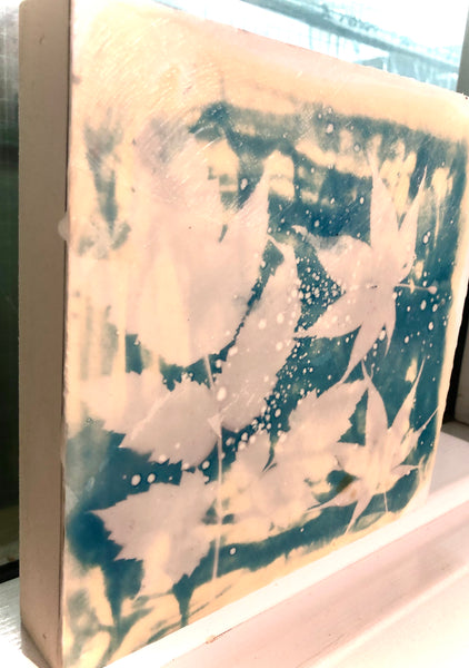 Cyanotype and encaustic on wood panel